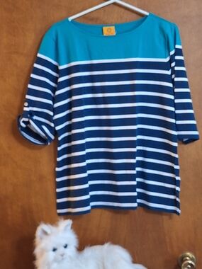Ruby Rd. Teal & Navy Striped Boatneck Short Sleeve Top